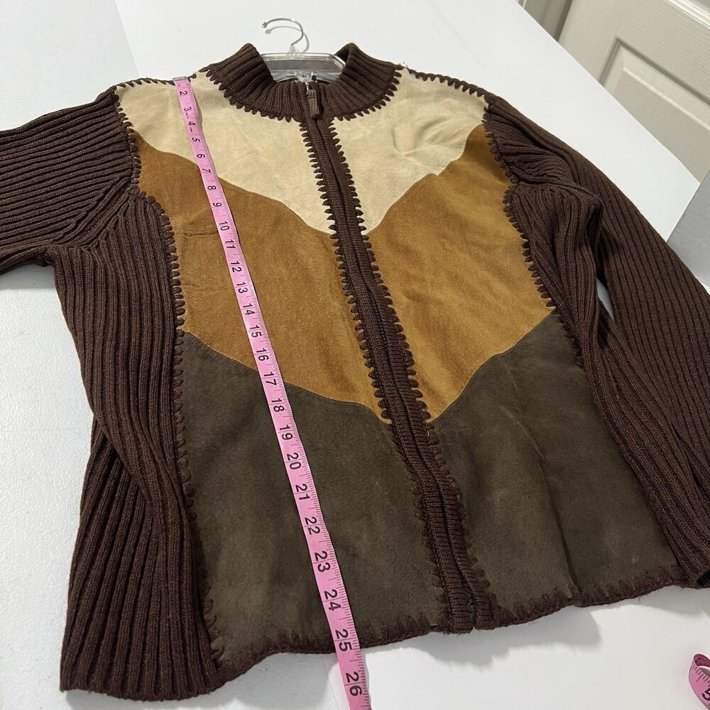 Vtg 90s designers studio originals Suede Patchwork Zip Brown Cardigan Sweater 1X - Picture 10 of 11